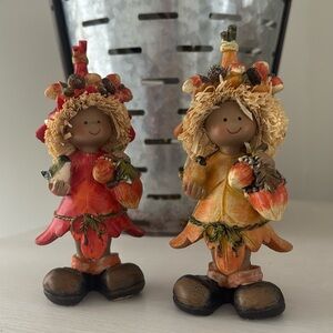 2 Vintage Fall Harvest Figurines Acorn & Leaf Clothes approx 6” Tall.